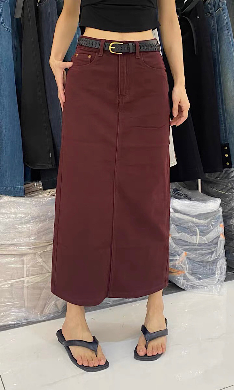 高级安可拉红牛仔半身裙女5080松紧腰显瘦包臀一步裙开叉2025春季