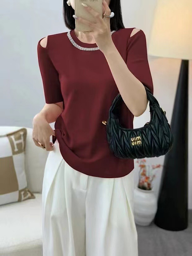 高级超细羊毛针织衫6625重工手工串珠双肩镂空短袖毛衣女2025春季
