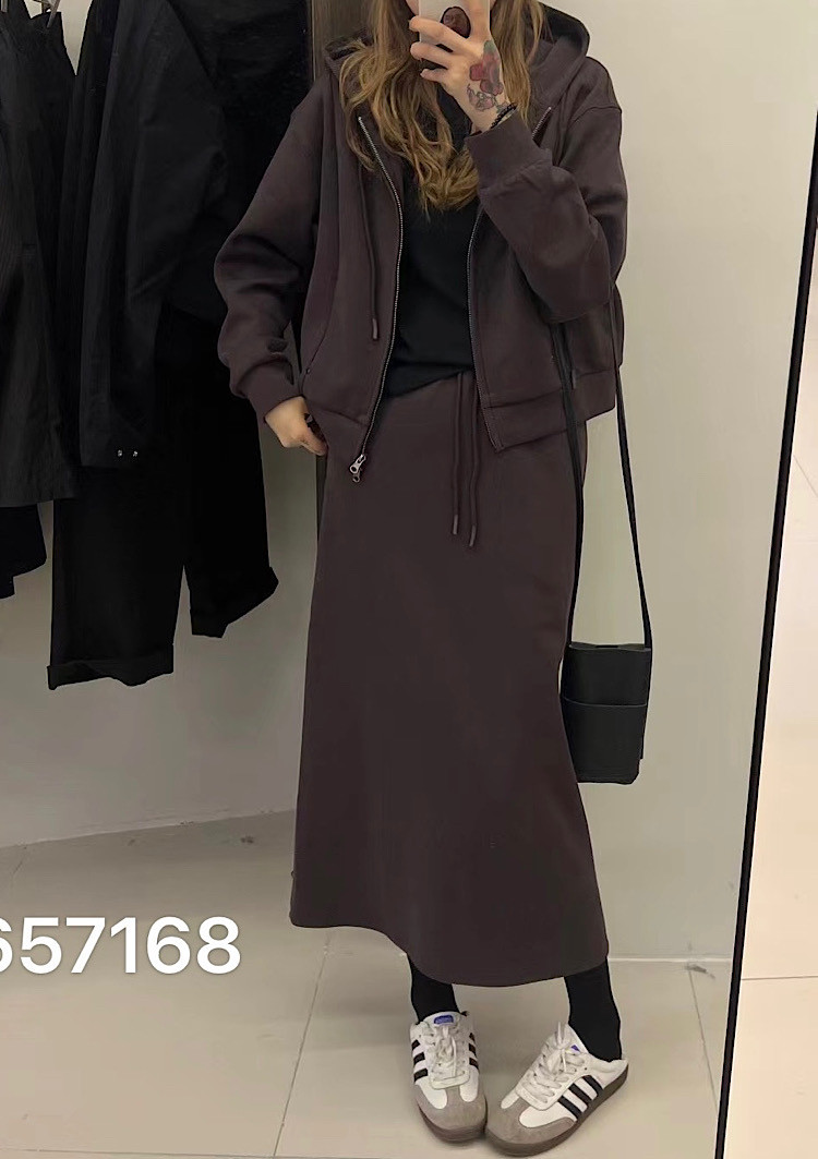 高级纯棉运动休闲套装7168连帽宽松卫衣短外套+半身裙女2025春季