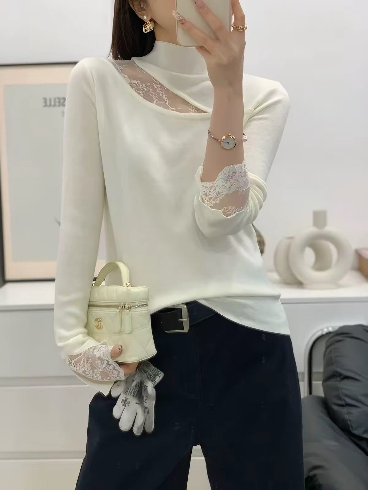 高级巴素兰细羊毛衣女修身镂空露肩蕾丝刺绣拼接针织衫秋冬新7755