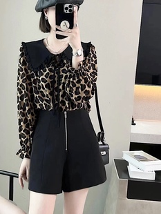 欧版新时尚3906豹纹雪纺衬衫女公主娃娃领减龄上衣小个子2025春季