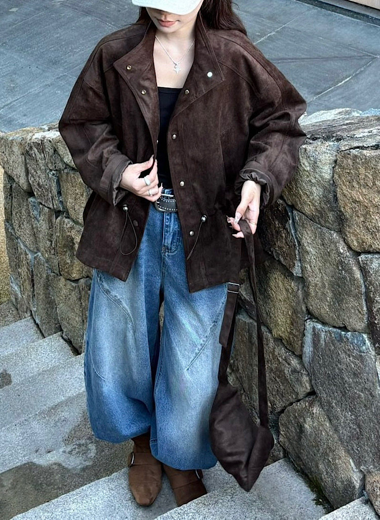 韩系高级感复古麂皮绒短款外套女轻熟配挎包抽绳收腰秋季新款6626