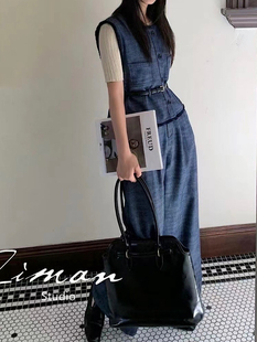 高级亚麻牛仔两件套装9016无袖毛边马甲松紧腰阔腿长裤女2025春季