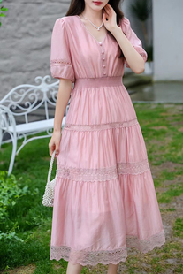 欧货高级天丝连衣裙女9630重工镂空刺绣花边大摆百褶收腰2025夏季