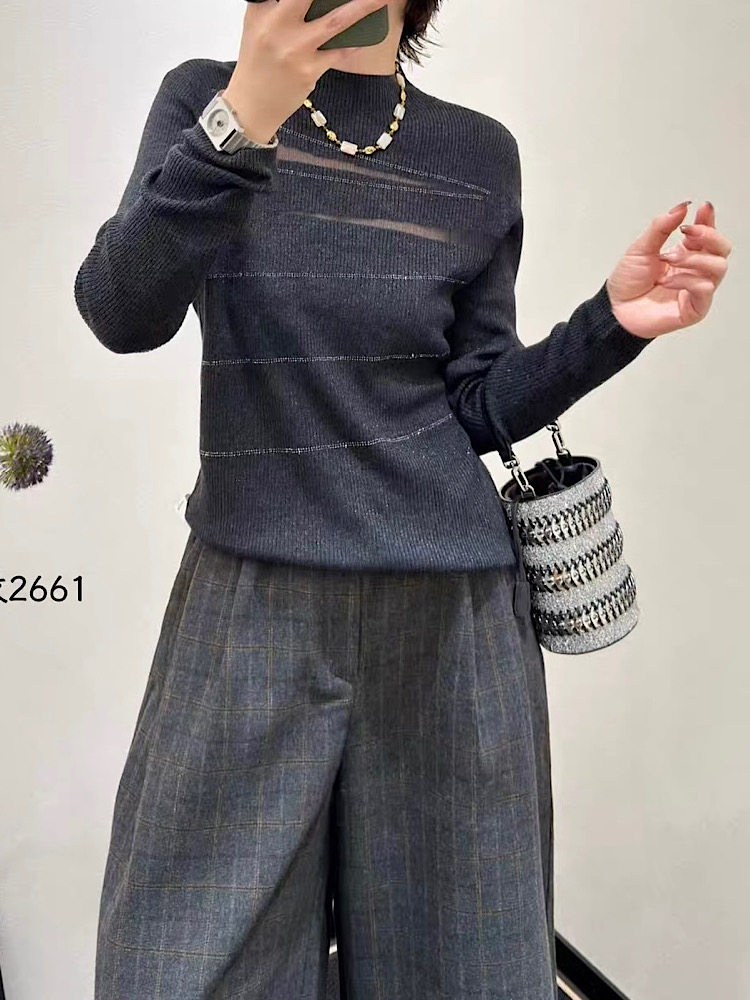 韩系高级柔软细羊毛衣女修身镂空烫钻设计感个性打底秋季新款6166