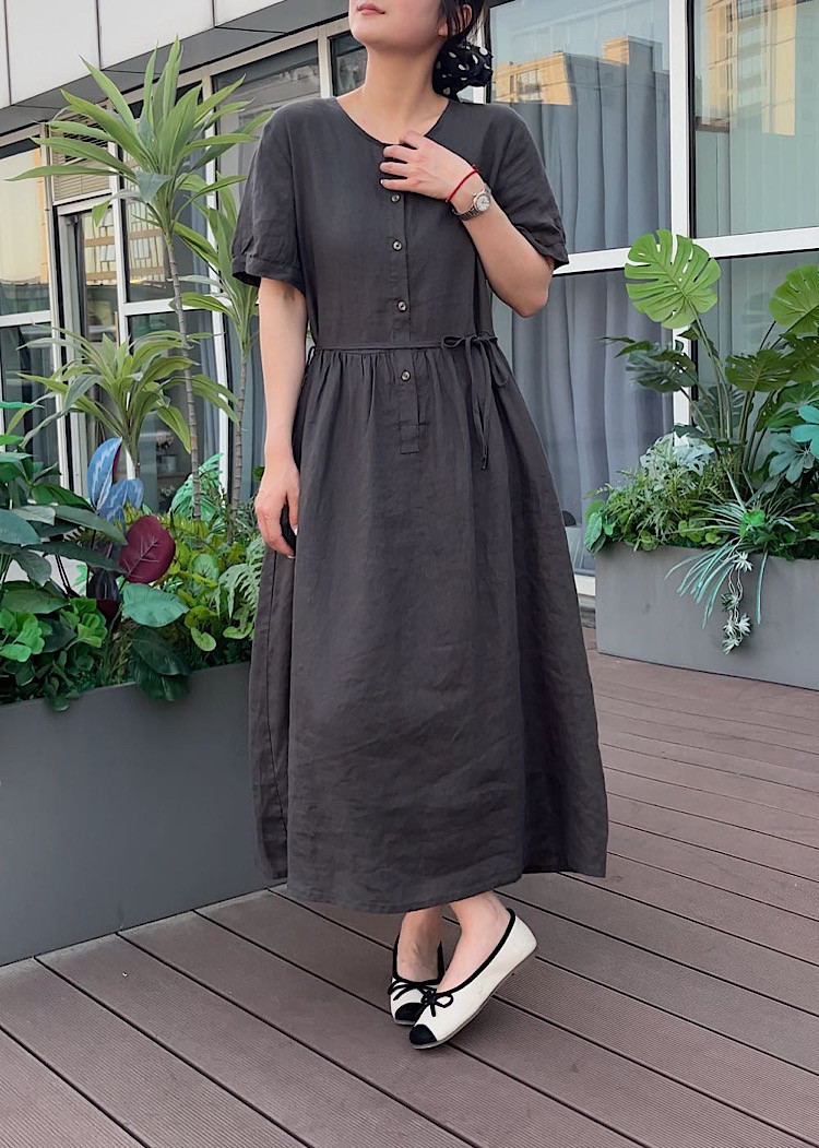 高级透气文艺纯亚麻短袖连衣裙3762腰带修身百褶显瘦女2025夏季