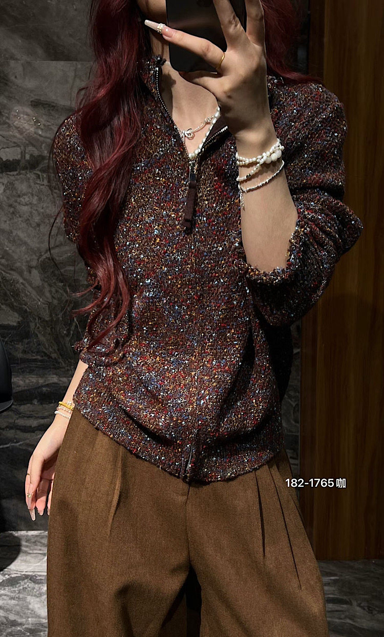 花纱亮丝彩线混纺高领半拉链羊毛衣女宽松洋气针织衫秋冬新款1765