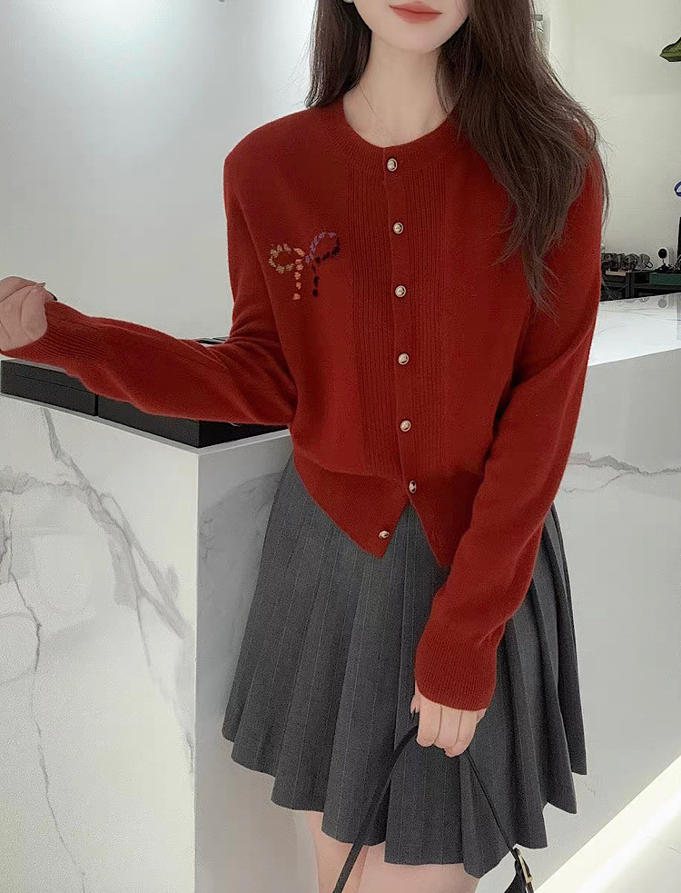 高级软糯细羊毛衣开衫1411洋气蝴蝶结刺绣宽松针织女上衣2024秋冬