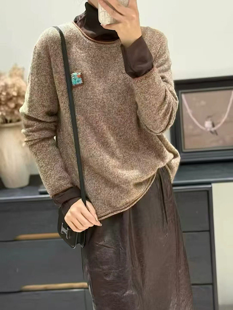 高级感花纱撞色莱赛尔山羊绒毛衣女宽松卡通笑脸针织衫秋冬新2712