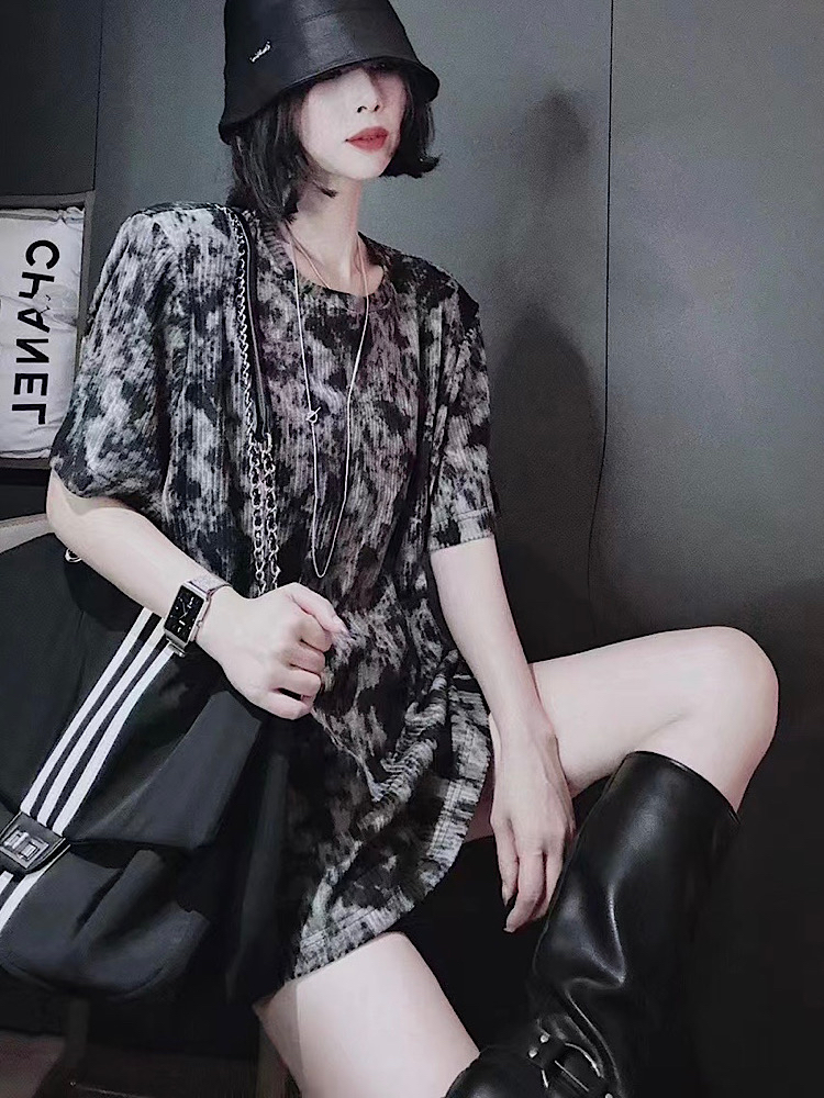 国风扎染复古水墨画偏厚棉T恤女8115垂感休闲慵懒风显瘦2025春季