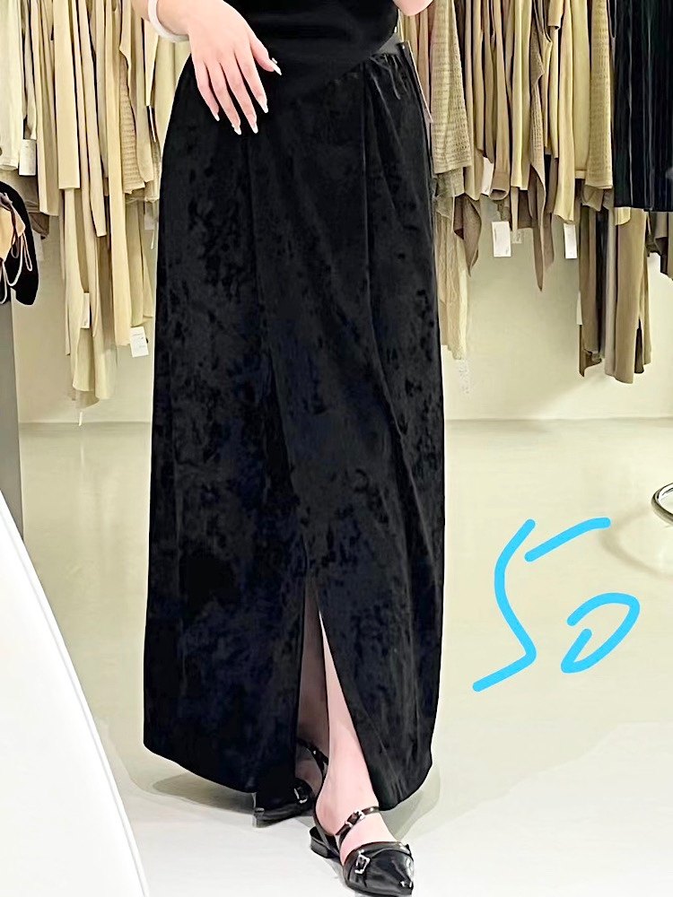 欧货加长款丝绒半身裙1006设计感开叉拖地修身长裙女气质2024秋冬