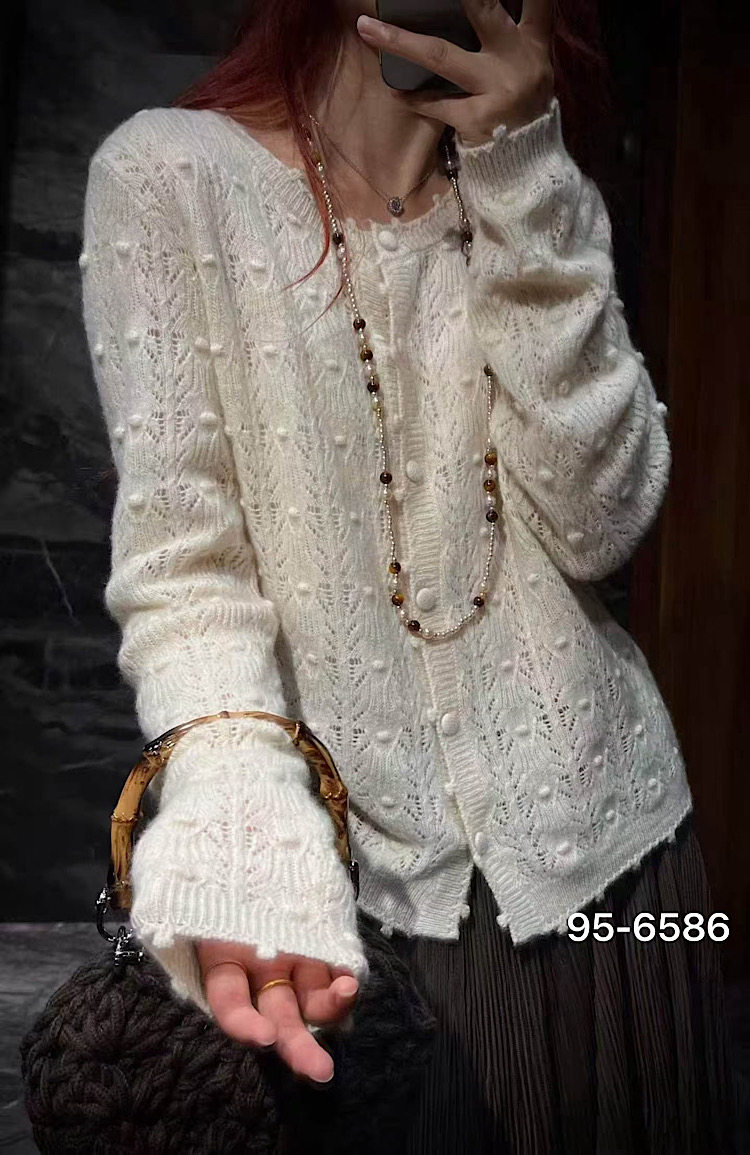 韩系高级软糯山羊绒毛衣开衫女宽松重工镂空立体钩花秋季新款6586