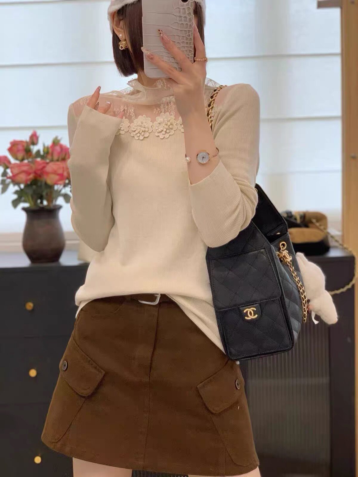 韩系高级柔软细羊毛衣女修身重工立体钩花网纱露肩洋气秋季新6137