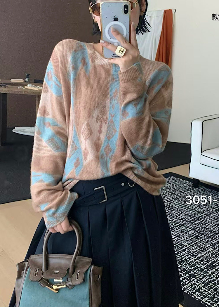 韩系高级软糯莱赛尔天丝山羊绒毛衣女宽松复古撞色提花秋季新3051