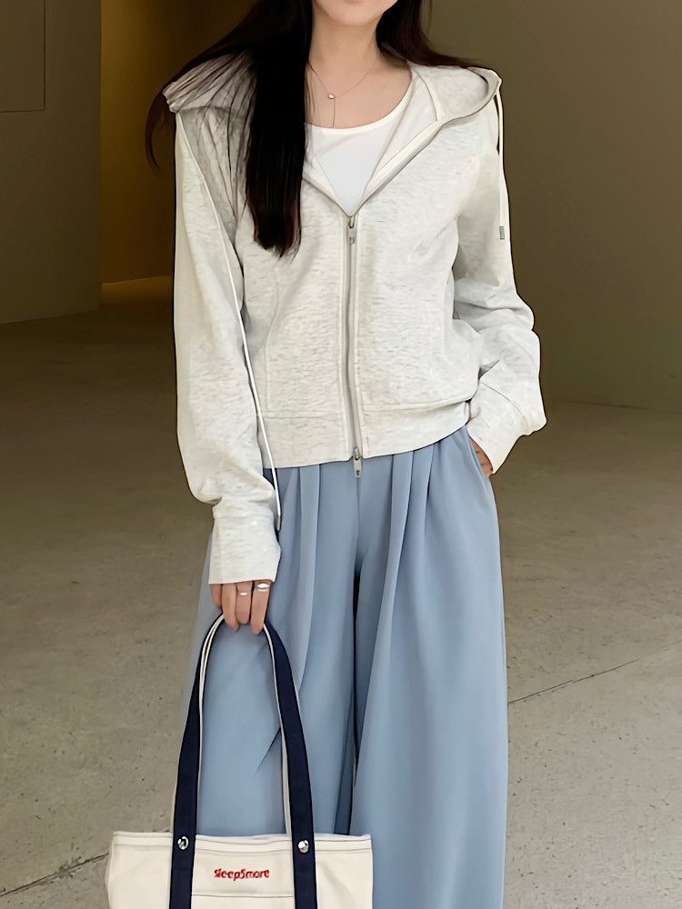 高级双拉链连帽休闲卫衣5060设计感修身小个子棉短外套女2025春季