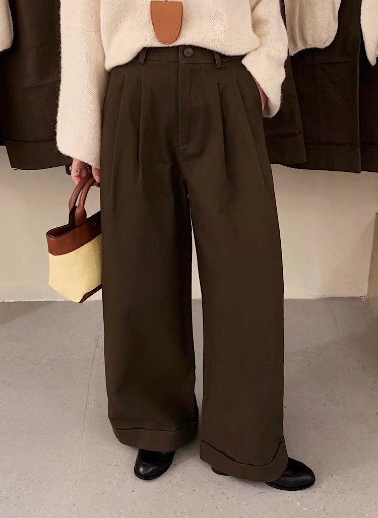 韩版牛仔全棉阔腿西装长裤1018翻边裤脚洋气休闲宽松女2024秋季