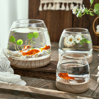 嘉鎬桌面玻璃迷你缸金魚木頭底座