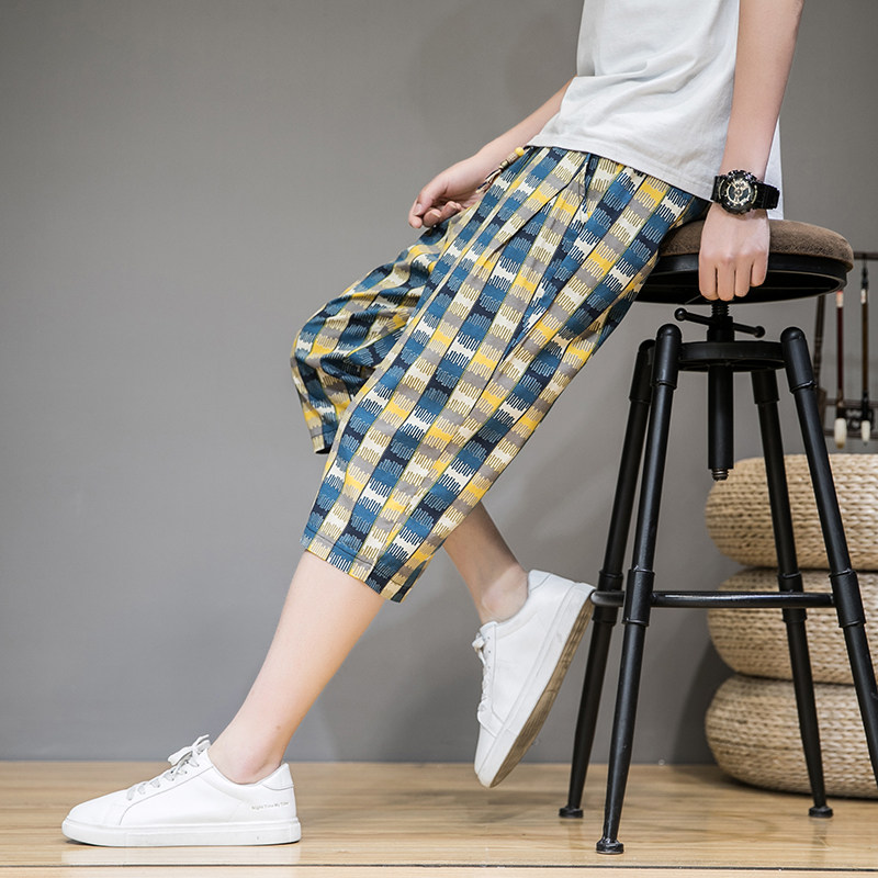 夏季条纹亚麻五分裤男宽松大裤衩大码沙滩裤休闲中裤马裤男士短裤,男装,休闲裤,淘宝优惠券,粉丝福利购,淘宝优惠卷