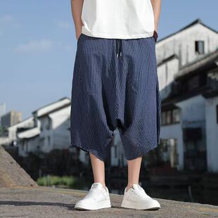 泰国灯笼裤子男夏季宽松大码低档垮裤大裆裤中国风条纹阔腿七分裤