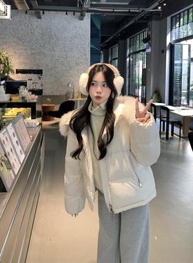 BOOMLIMIT/Mino 连帽白色短款加厚羽绒服山羊绒毛领加厚外套