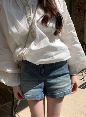 BOOOMLIMIT现货 法式复古做旧高腰双排扣水洗牛仔短裤