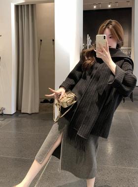 BOOMLIMIT 英伦风条纹双面呢流苏围巾领大衣cos同款外套