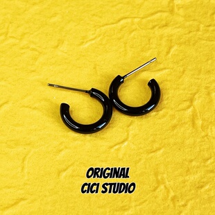 CICI STUDIO小众精工黑白灰色C形耳钉无性别极简百搭合金耳环耳圈