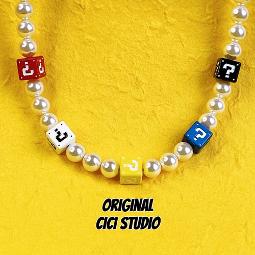 CICI STUDIO小众马里奥方块珍珠项链女个性甜美多巴胺精工颈链女