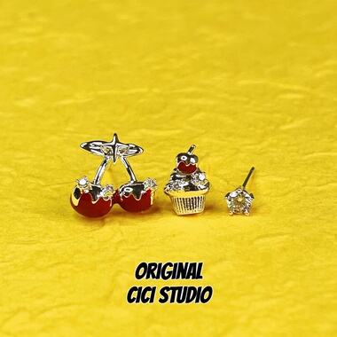 CICI STUDIO小众创意精工金属银甜酷红色樱桃蛋糕单钻耳钉耳饰女