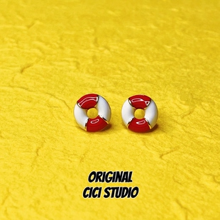 气甜美可爱度假耳环 精工红色游泳圈耳钉女元 CICI STUDIO小众个性