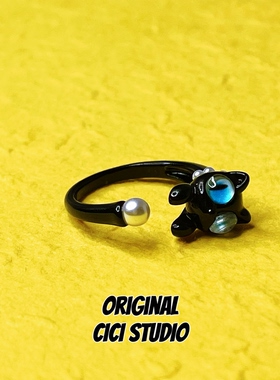 CICI STUDIO小众精工珍珠猫咪黑猫戒指女甜酷可爱个性朋克开口戒
