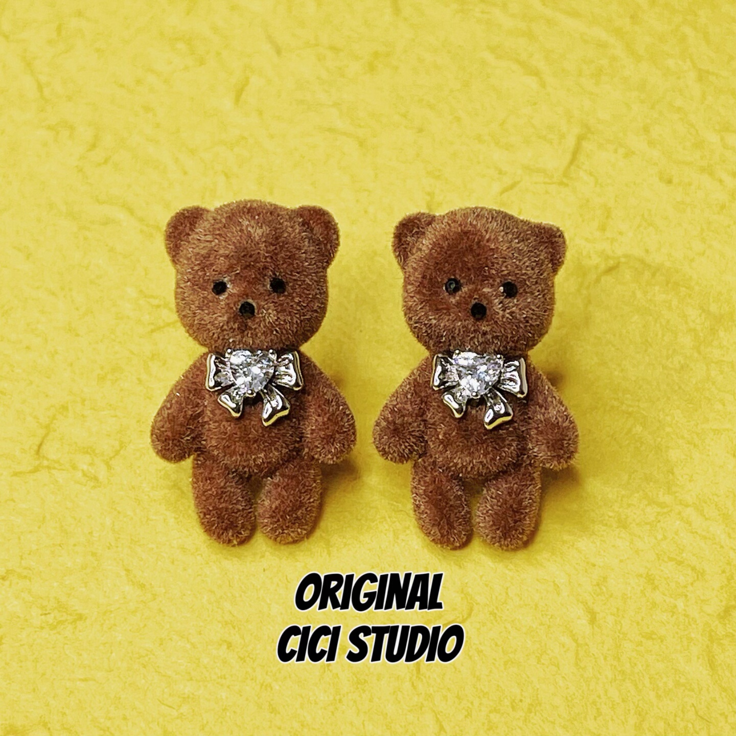 CICI STUDIO小众高级毛绒植绒蝴蝶结小熊耳钉女精工耳环礼物秋冬