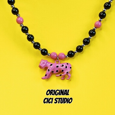 CICI STUDIO小众个性玫红色精工豹子项链女ins甜酷多巴胺朋克项链
