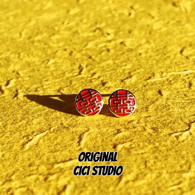 CICI STUDIO小众高级感精工复古中古风喜字红色通体纯银新年耳钉