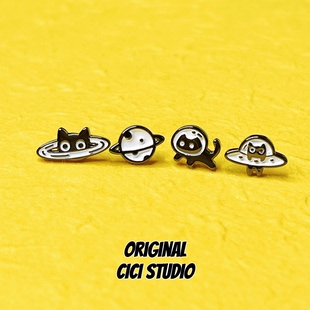 CICI 精工甜酷枪黑色宇宙猫咪耳钉多耳洞情侣耳饰 STUDIO小众个性