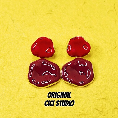 CICI STUDIO小众高级红色不规则精工耳钉女镀金大气耳环耳饰秋冬