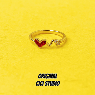 CICI STUDIO红色爱心锆石心电图戒指精工指环ins个性潮流小众通勤