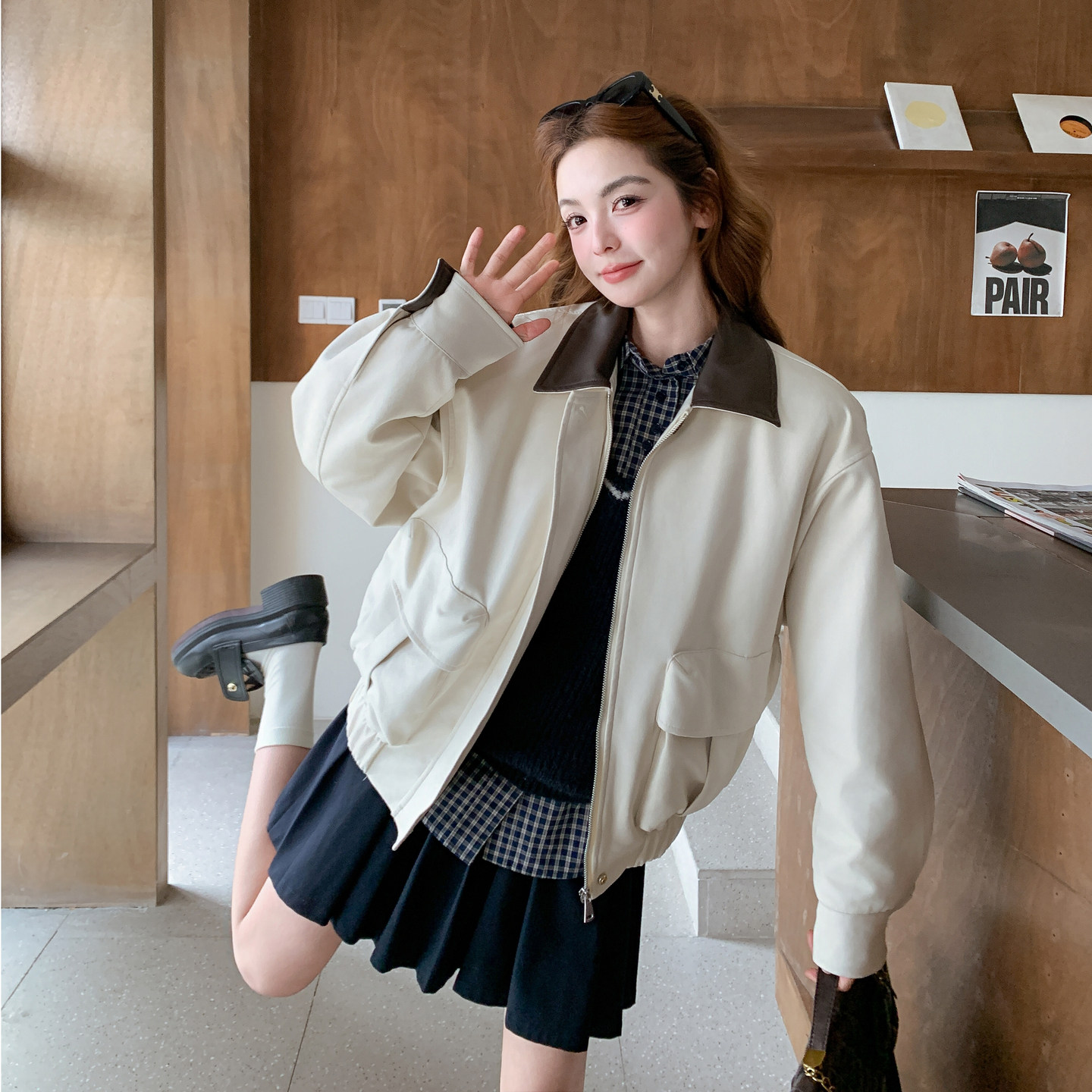白色麂皮撞色翻领短外套女2026春季B127A-6739-P165K268,商品下架区,浙宝127A