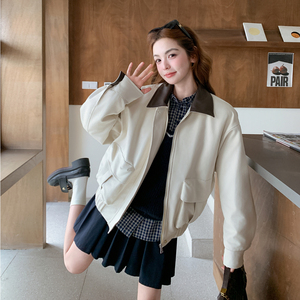白色麂皮撞色翻领短外套女2026春季 B127A-6739-P165K268图片