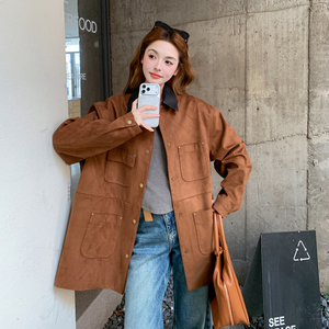 复古麂皮绒撞色翻领外套女2026春季新款 B127A-6752-P170K278，女装短外套，浙宝127A