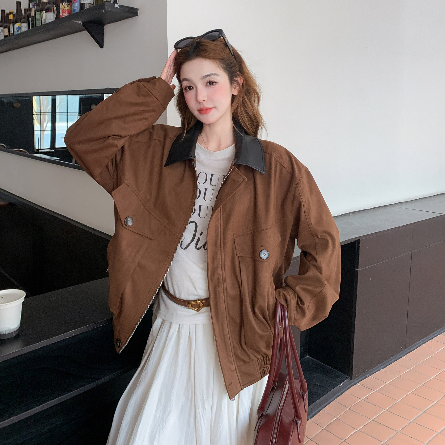棕色复古拼皮撞色麂皮绒外套女2026春季B127A-6750-P165K268,商品下架区,浙宝127A