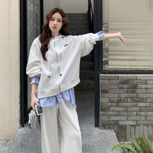 条纹拼接连帽白色卫衣阔腿裤套装女春秋ootd减龄两件套爆款高级感，女装运动套装，浙宝127A
