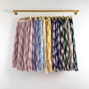 日韩跨境春夏新款格纹高腰印花休闲不规则宽摆长裙百搭气质半身裙