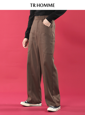 TR HOMME 秋冬纯色直筒宽松垂感长裤男拼接机能工装休闲裤男帅气