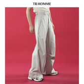 男宽松纯色中高腰高级感加长休闲分割长裤 TRHOMME 镰刀廓形阔腿裤