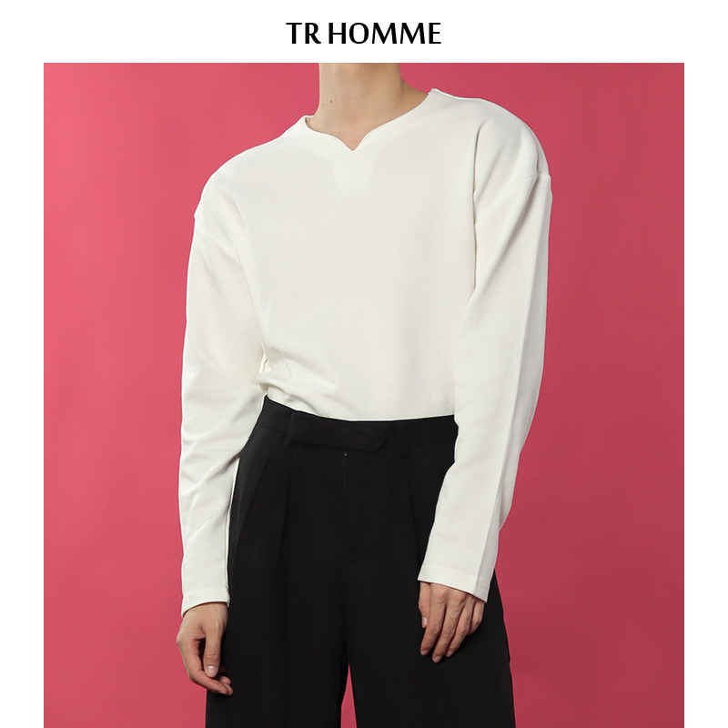 tr homme 秋冬长袖打底男宽松缺口领纯色百搭套头t恤男轻熟风