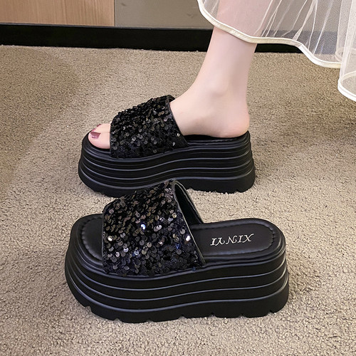 踩屎感厚底8cm半拖鞋女夏季外穿新款亮片松糕底女士一字凉拖鞋子
