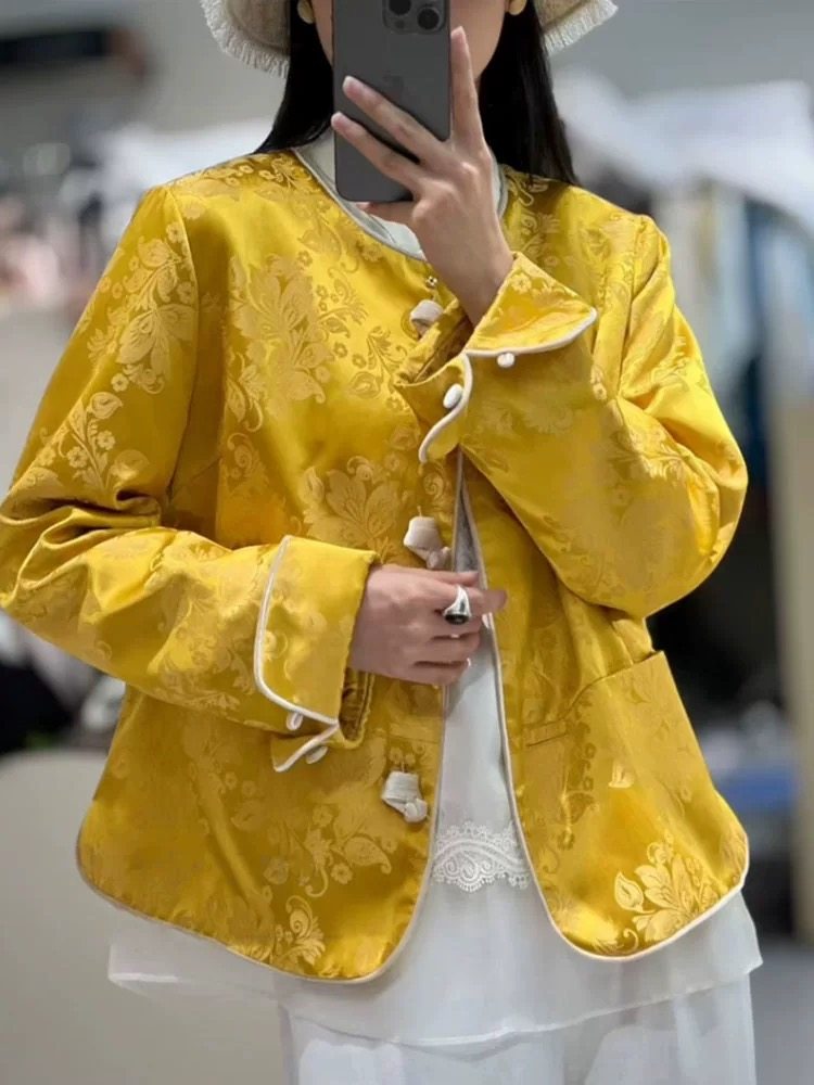 人丝亚麻提花外套25早春丝绒扣暗纹亚麻新中式黄色圆领外套上衣