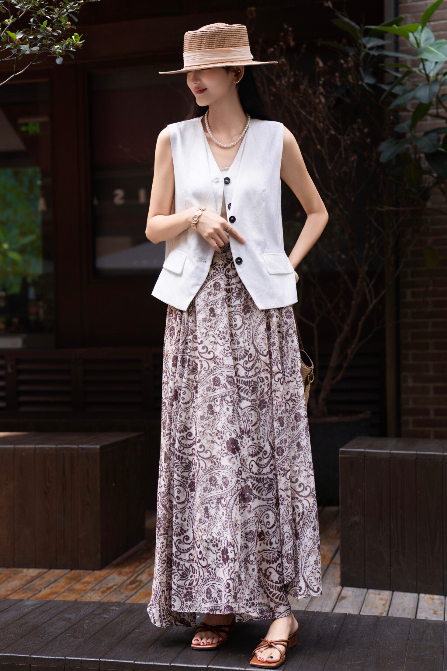 法式轻奢高级感亚麻无袖坎肩乔其纱垂感显瘦遮肉长款半身裙两件套