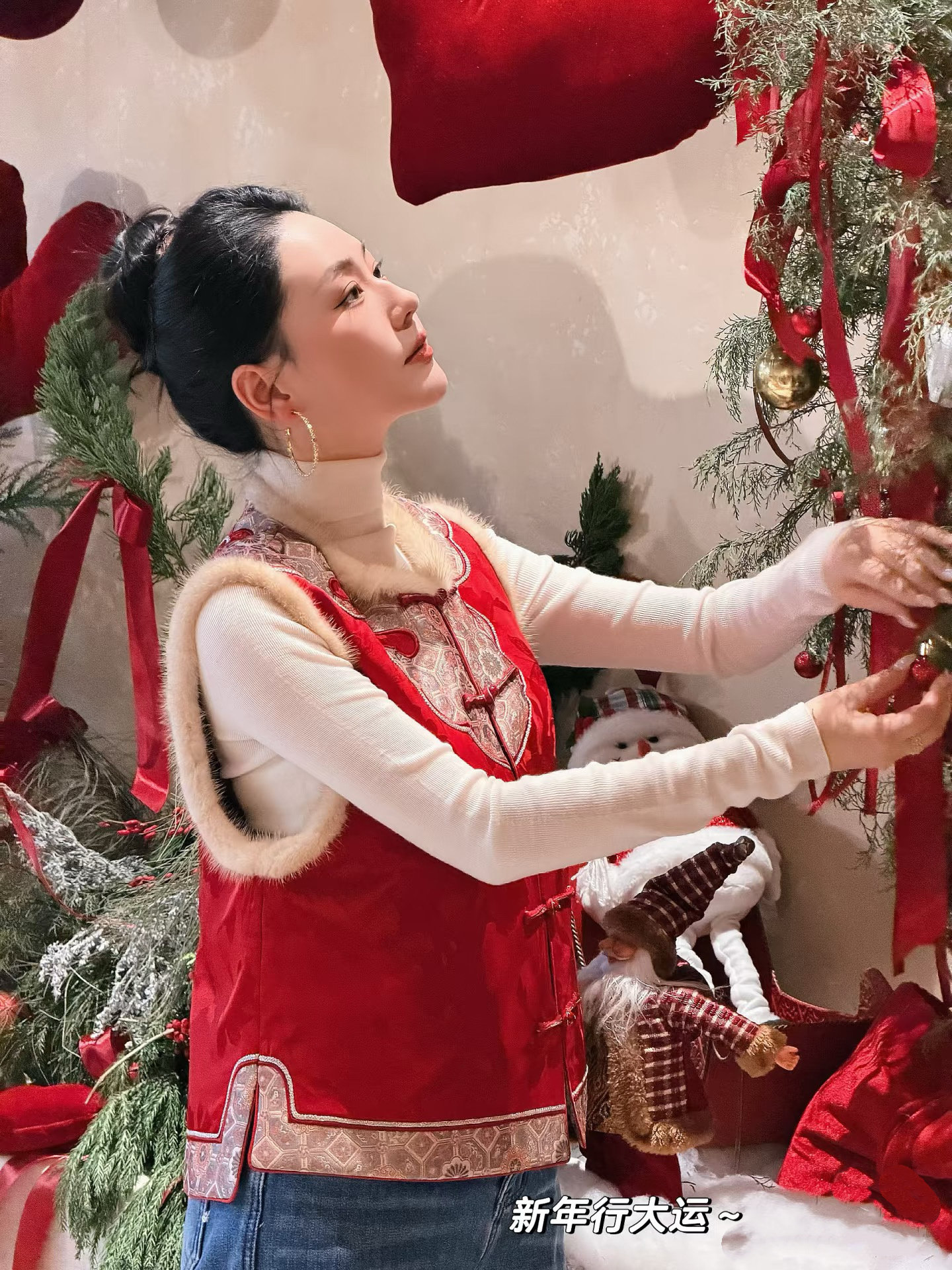 宋锦如意纹水貂毛加棉马甲新年服中式国风提花拼边双面穿夹棉马甲